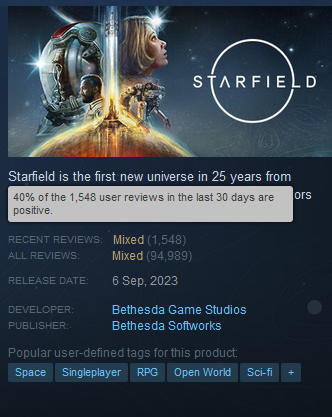 Starfield sat at 40% on Steam, not shocked one bit. That game dropped off a cliff and then some
