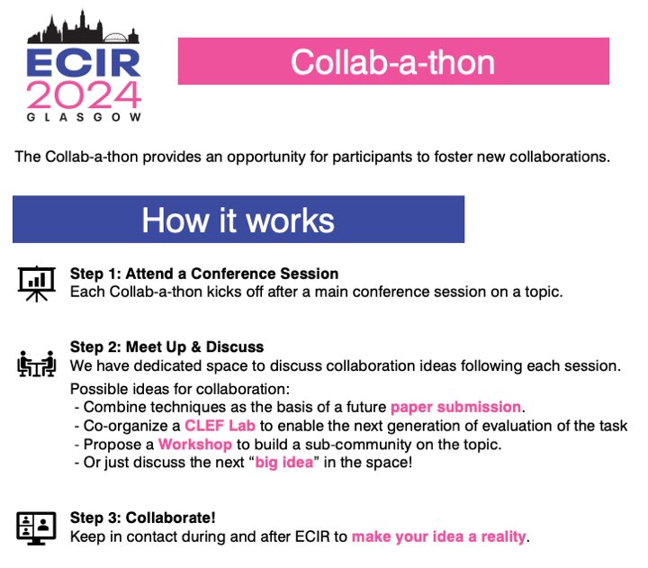 ECIR2024 (@ecir2024) on Twitter photo #ECIR2024 will help extend the impact of the conference with the brand-new Collab-a-thon!
Plan the next big thing in your area with new potential collaborators over snacks ๐ช and coffee โ in dedicated sessions: 
ecir2024.org/collab-a-thon/ #ECIR2024 will help extend the impact of the conference with the brand-new Collab-a-thon!
Plan the next big thing in your area with new potential collaborators over snacks ๐ช and coffee โ in dedicated sessions: 
ecir2024.org/collab-a-thon/