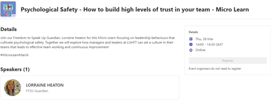 LUHFTlearning's tweet photo. #TeamLUHFT Join our Freedom to Speak Up Guardian, for this #MicroLearn focusing on leadership that cultivates psychological safety. We will explore how we can set a culture that leads to effective team work &amp; continuous improvement. Book your place on the staff hub. https://t.co/QDCTtXGEdW