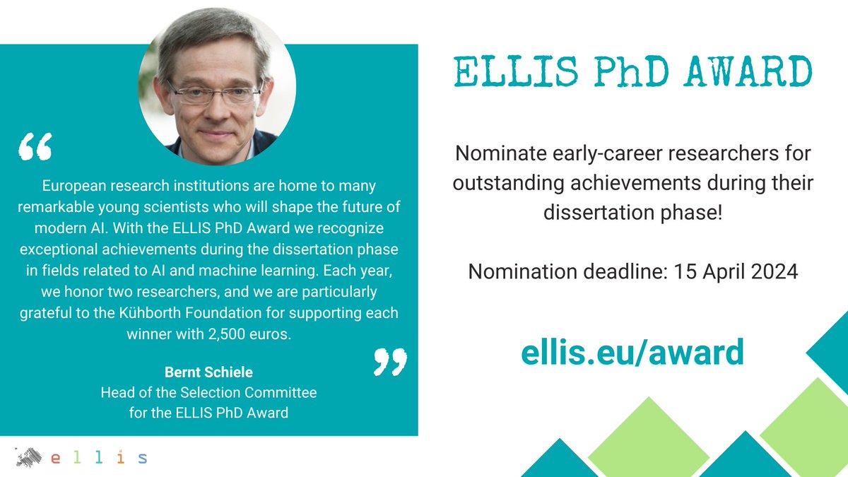 Do you know anyone whose dissertation in #AI stands out and truly impressed you? Nominate the author for the ELLIS #PhDAward and help us recognize exceptional talent in this field! #ML #ELLISPhD #PhD #Award Nomination deadline is on 15 April: ellis.eu/award