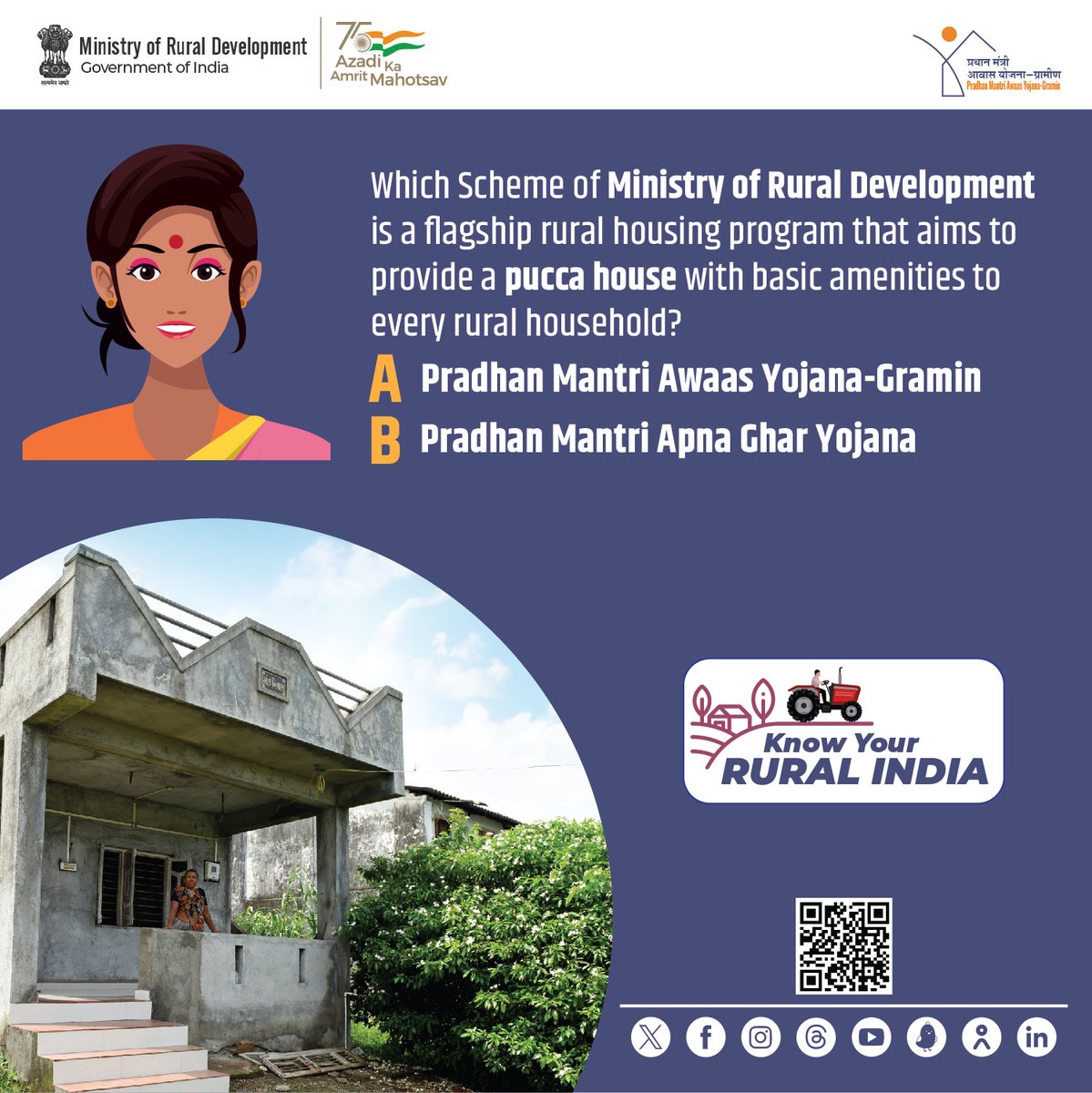 #KnowYourRuralIndia | Which Scheme of Ministry of Rural Development is a flagship rural housing program that aims to provide a pucca house with basic amenities to every rural household?
Comment your answer below! 

#Contest #RuralHousing #HousingForAll #GraminAwaasSabkePaas #MoRD