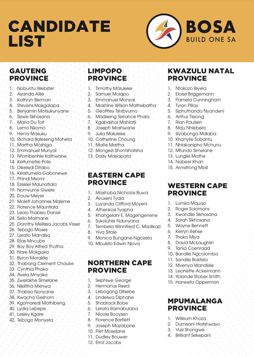 BuildOneSA's tweet photo. Today Build One South Africa (BOSA) officially makes public our candidate lists for Parliament and all nine provincial legislatures. 

Over 130 individuals have made the cut after qualifying through our robust and unique candidate selection process.

This group has the right blend of skills, experience, diversity and passion to serve the people of South Africa with aplomb in legislatures across the country.

The purpose of this extensive recruitment process was to ensure that each candidate is properly vetted, so that only suitable candidates end up on the ballot with the support of their community and the endorsement of BOSA

#VoteBOSA2024 #BOSA