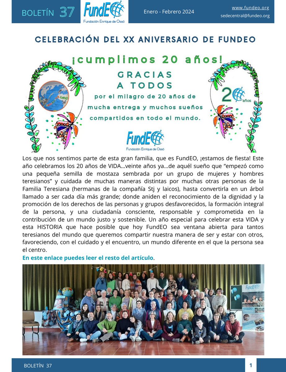 El Boletín 37 recoge la celebración del #20aniversariofundeo y las muestras de cariño que hemos recibido de todas las partes del mundo. Gracias de nuevo a todos por hacer posible que sigamos adelante ¡y qué sea por muchos años más!
fundeo.org/boletin-37-cel…