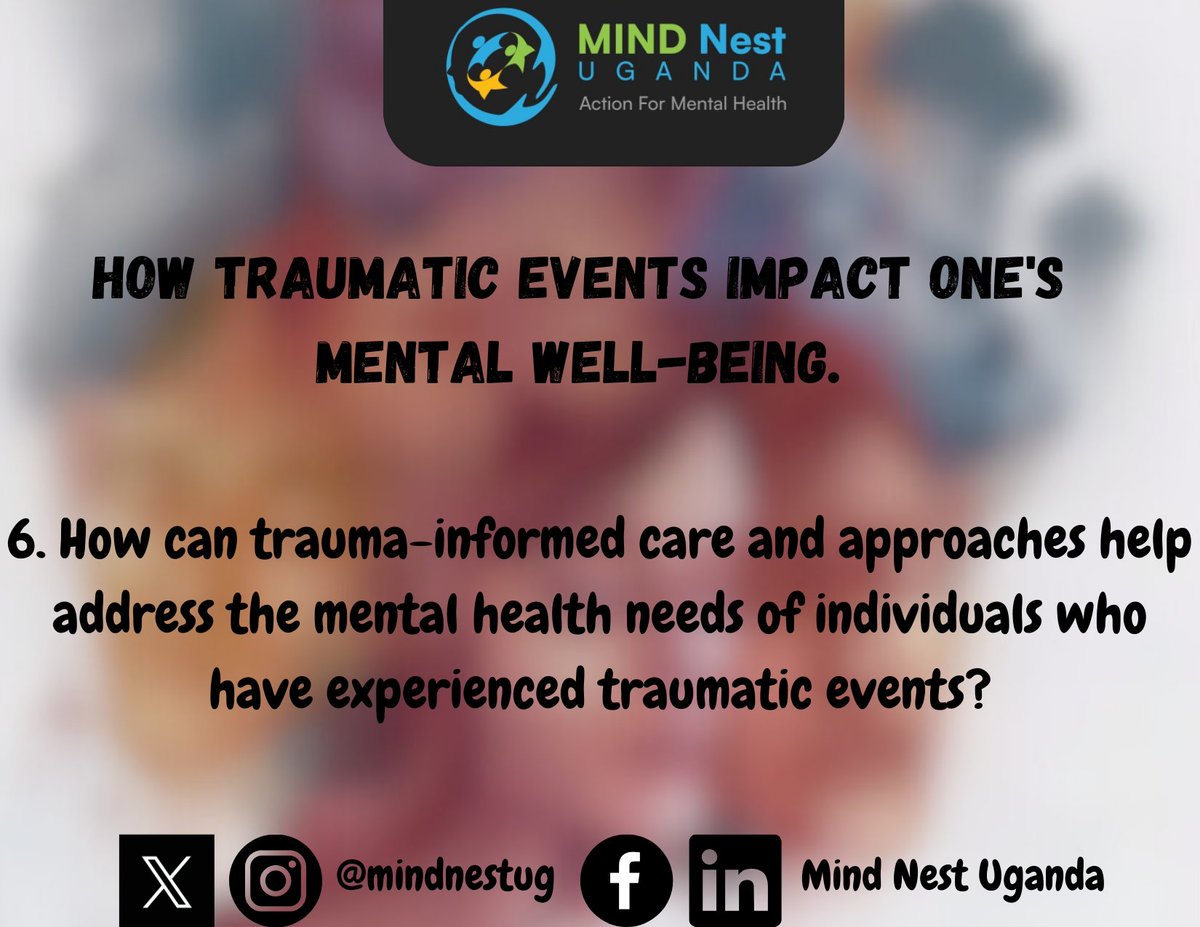 Mind Nest Uganda (@mindnestug) on Twitter photo 6. How can trauma-informed care and approaches help address the mental health needs of individuals who have experienced traumatic events?
<a href="/kirumirabrendah/">BRENDAH</a> <a href="/ANguthuku/">Anne Nguthuku.</a>
<a href="/Magemanjagi/">Polly wanja Njagi</a>
#TraumaAndMentalHealth #HealingFromTrauma #MentalWellBeing #TraumaAwareness #themindnest 6. How can trauma-informed care and approaches help address the mental health needs of individuals who have experienced traumatic events?
<a href="/kirumirabrendah/">BRENDAH</a> <a href="/ANguthuku/">Anne Nguthuku.</a>
<a href="/Magemanjagi/">Polly wanja Njagi</a>
#TraumaAndMentalHealth #HealingFromTrauma #MentalWellBeing #TraumaAwareness #themindnest