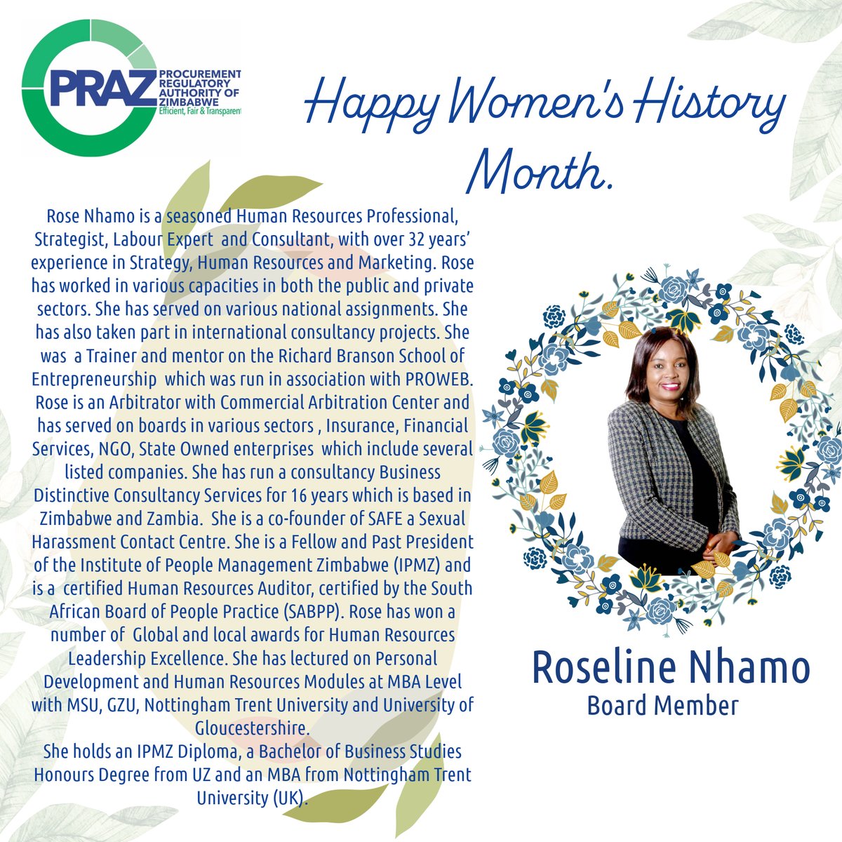 Still on #WomensHistoryMonth theme “Women who advocate for Equity, Diversity and Inclusion” PRAZ Zimbabwe acknowledges and celebrates women in procurement; leaders who embody these qualities. #WomensHistoryMonth #womenleaders #InclusivityInPublicProcurement