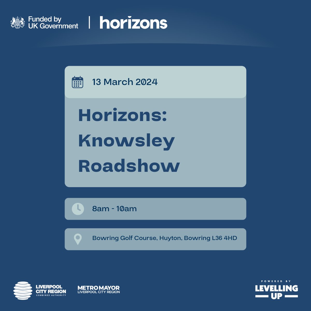 *LAST CHANCE TO REGISTER* Knowsley Roadshow at @BowringGolf tomorrow morning for an informal chat about how Horizons can support you and hear from @KnowsleyChamber and Matt from One Day Regen... tinyurl.com/mswyc93y