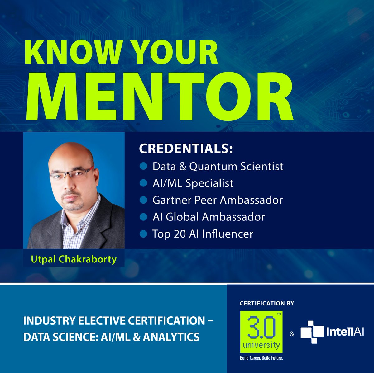 Meet your AI mentor, Utpal Chakraborty!

- Data & Quantum Scientist
- AI/ML Specialist
- Top 20 AI Influencer

Get certified in AI/ML & analytics. 

Limited seats available! Apply Now: 3university.io/industry-elect…
.
.
#3univesrity #real3uni #3verse #RideTheWave #BuildYourCareer…