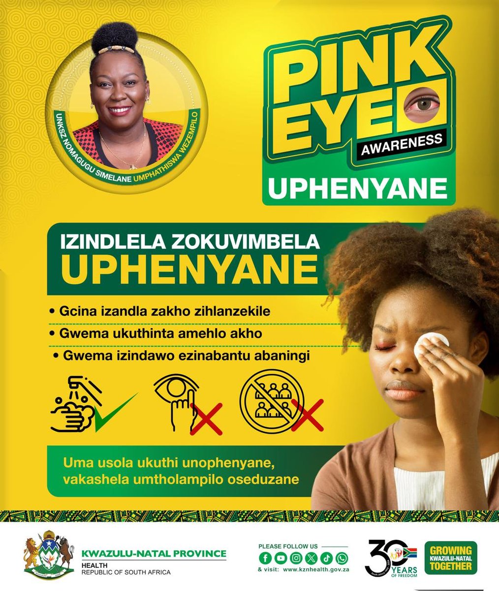 GovernmentZA's tweet photo. Qaphela izinkomba zophenyane. Uma usola ukuthi unophenyane, vakashela umtholampilo oseduzane
#PinkEyeAwareness https://t.co/b6APgFNW5l