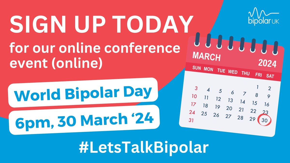 🌍 Don't miss our #WorldBipolarDay conference on 30 March! Hosted by @leahcharlesking, featuring speaker Sara Schley discussing timely diagnosis and challenging stigma with BBC's David Harper. Plus, a Q&A on 'Thrive in the Workplace' and more! Sign up now! #LetsTalkBipolar