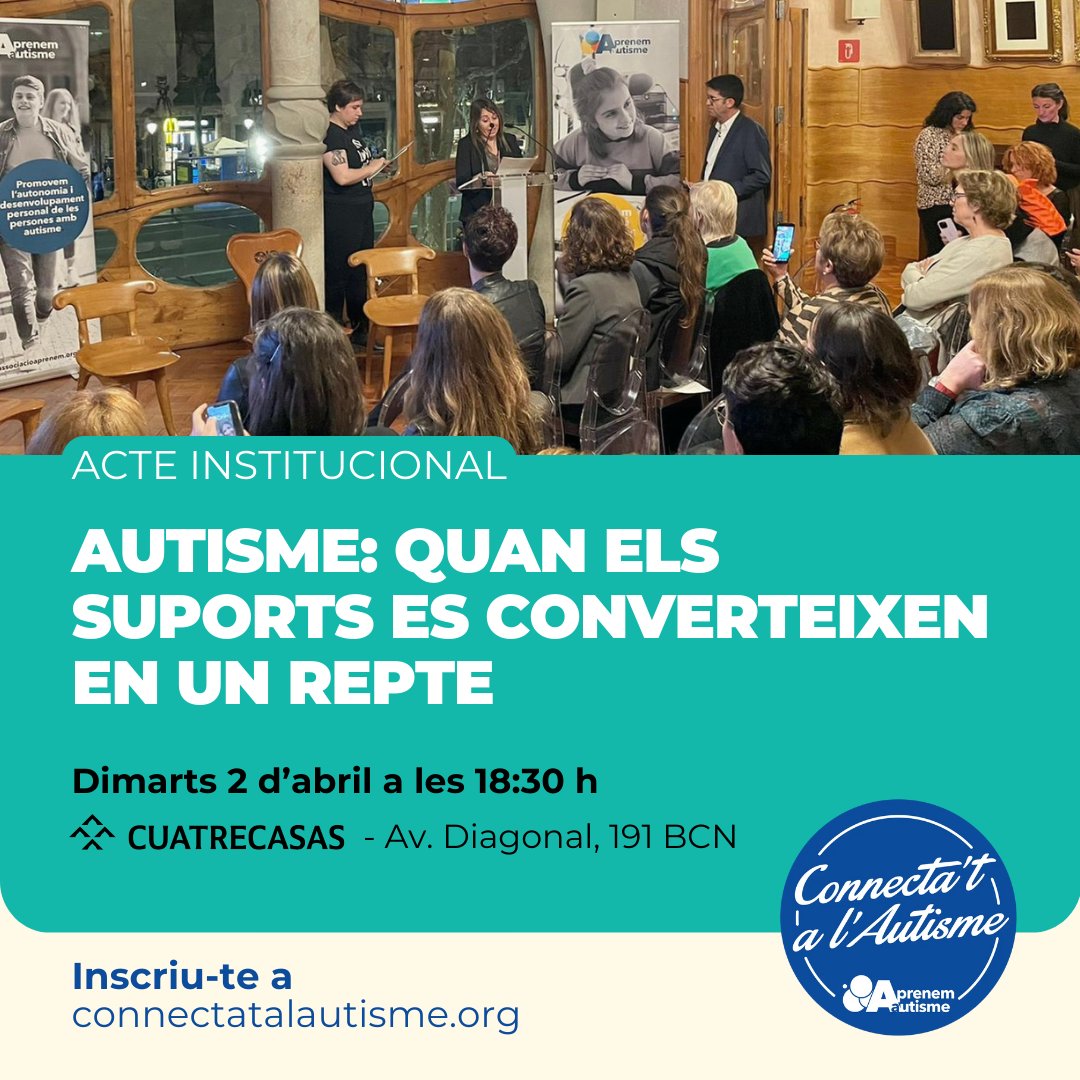 🔵OBRIM INSCRIPCIONS | Acte Institucional #ConnectatAlAutisme Autisme: quan els suports es converteixen en un repte

El 2 d'abril, #DiaMundialAutisme, reunim experts en autisme, testimonis i perfils institucionals.

Acte obert a tothom
PLACES LIMITADES
👉connectatalautisme.org/ca/acte-instit…