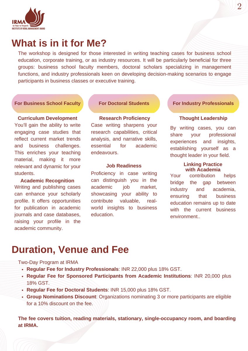 IRMAOfficial79's tweet image. IRMA presents an FDP on 'Writing Effective Teaching Cases', useful for faculty from B-schools, Doctoral students, as well as industry professionals, offering a structured approach to writing effective and engaging case studies.
#IRMA #casewriting #facultydevelopmentprogram