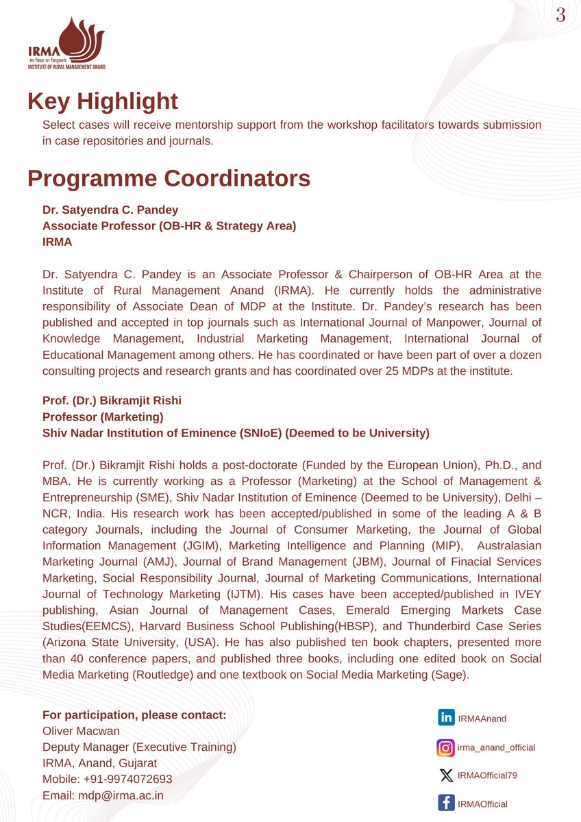IRMAOfficial79's tweet image. IRMA presents an FDP on 'Writing Effective Teaching Cases', useful for faculty from B-schools, Doctoral students, as well as industry professionals, offering a structured approach to writing effective and engaging case studies.
#IRMA #casewriting #facultydevelopmentprogram