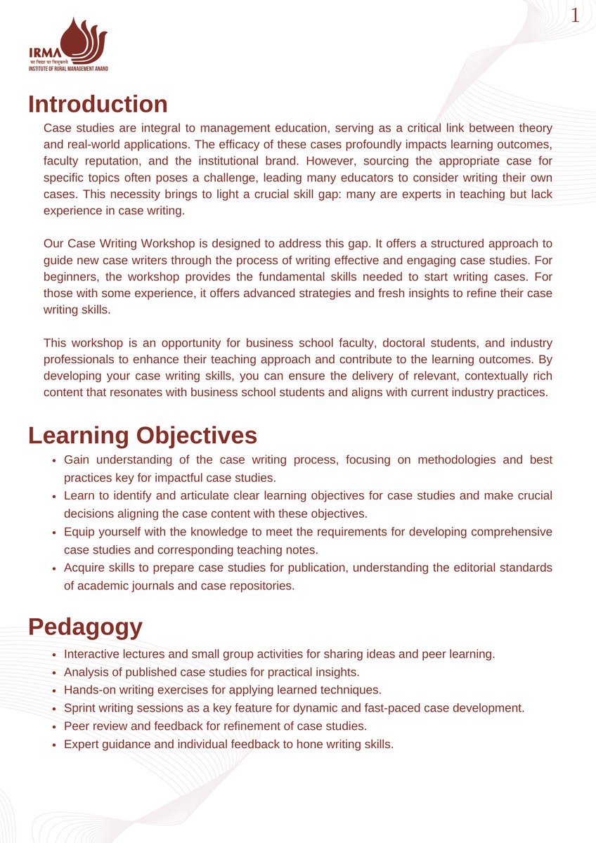 IRMAOfficial79's tweet image. IRMA presents an FDP on 'Writing Effective Teaching Cases', useful for faculty from B-schools, Doctoral students, as well as industry professionals, offering a structured approach to writing effective and engaging case studies.
#IRMA #casewriting #facultydevelopmentprogram