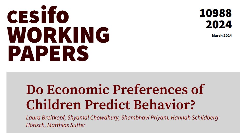 CESifo (@cesifonetwork) on Twitter photo Do Economic Preferences of Children Predict Behavior? | <a href="/laura_breitkopf/">Laura Breitkopf</a> , Shyamal Chowdhury, <a href="/What_a_Sham/">Shambhavi Priyam</a> , Hannah Schildberg-Hörisch, Matthias Sutter
#EconTwitter
cesifo.org/en/publication… Do Economic Preferences of Children Predict Behavior? | <a href="/laura_breitkopf/">Laura Breitkopf</a> , Shyamal Chowdhury, <a href="/What_a_Sham/">Shambhavi Priyam</a> , Hannah Schildberg-Hörisch, Matthias Sutter
#EconTwitter
cesifo.org/en/publication…