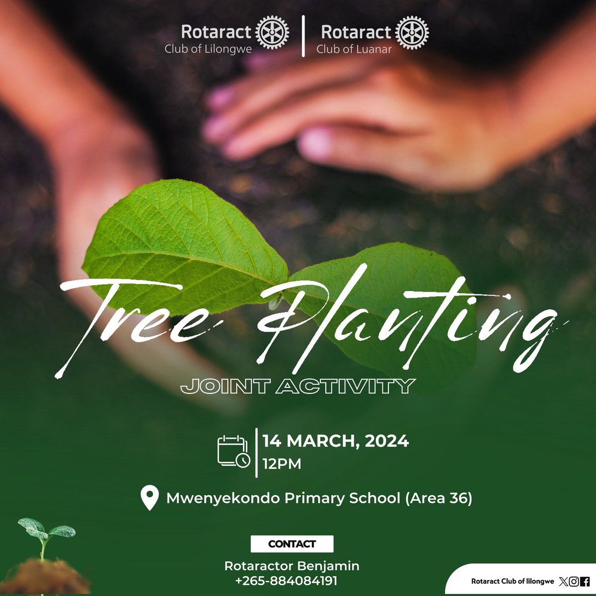 As we are Celebrating Rotaract Week, we will be having a Tree planting activity together with the Rotaract Club of Luanar CTC at Mwenyekondo Primary School ( Area 36 ) on the 14th of March at 12. You are all invited!!
#RotaractWeek
#RACLilongwe
#RotaryInternational
#TreePlanting