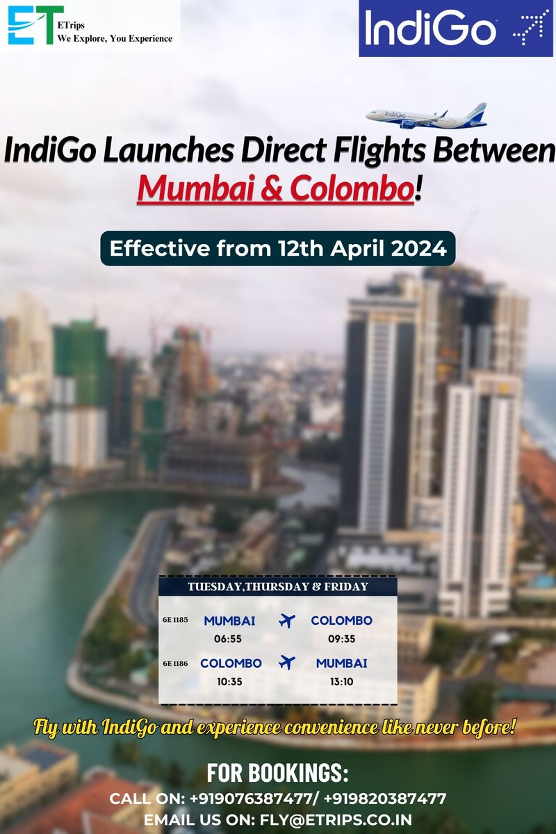 IndiGo Launches Direct Flights Between Mumbai & Colombo!
@IndiGo6E #IndiGoDirect #MumbaiToColombo #FlightLaunch #TravelConvenience #ExploreColombo #FlyIndiGo #Etrips #Flightbooking #Hotelbooking #Tourpackage #DirectFlights #TravelEase