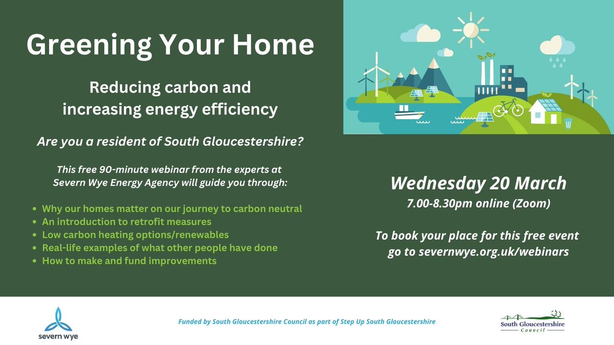 Are you a resident of South Gloucestershire? 💚 Join the FREE webinar from the experts at Severn Wye on Wednesday 20 March to learn why our homes matter on our journey to carbon neutral. Click here to book: orlo.uk/Severn_Wye_Web… #ReduceCarbon #EnergyEfficiency #Sustainability