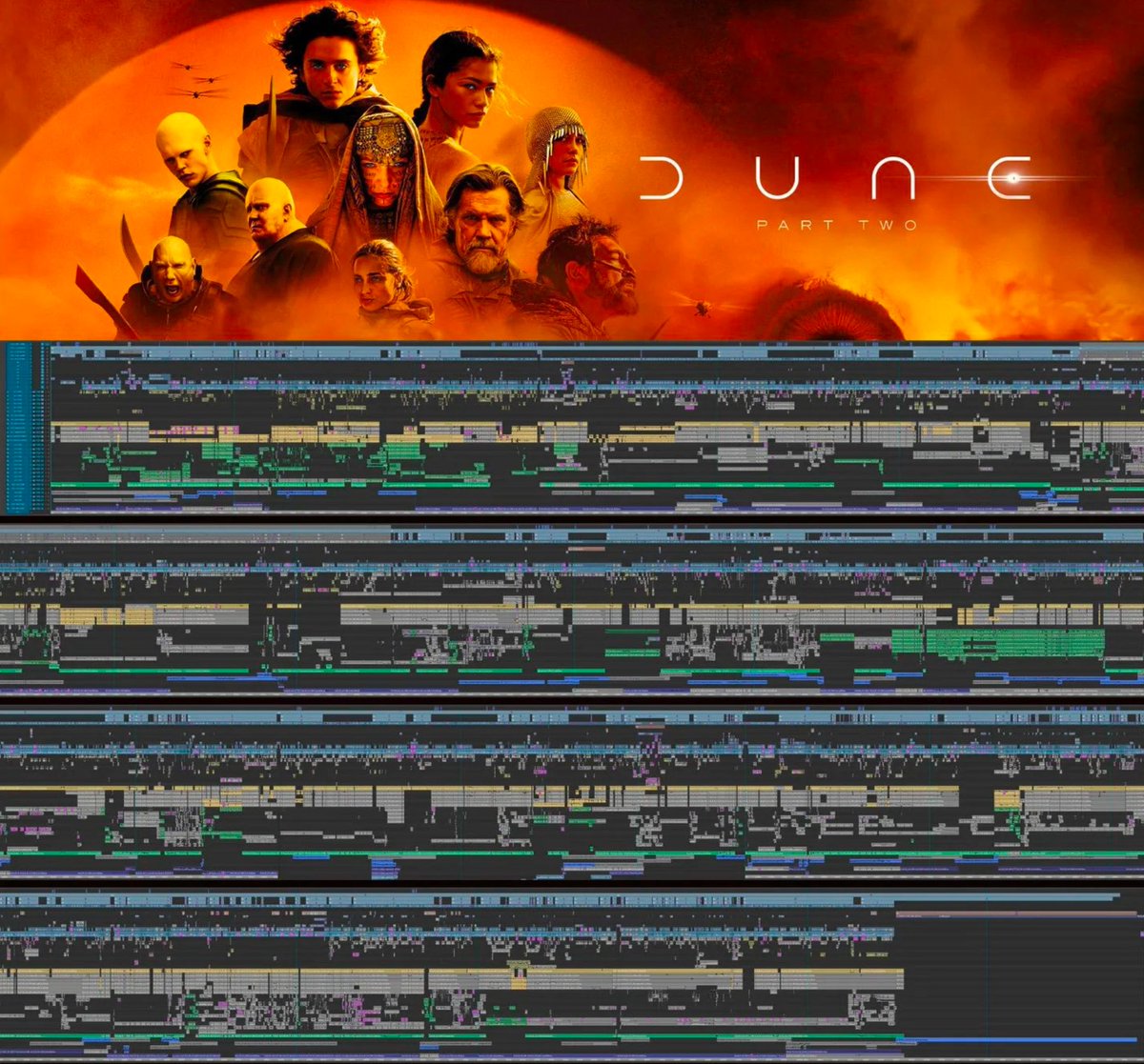 javilop's tweet photo. ¿Alguna vez te has preguntado cómo luce el timeline de montaje de una película completa?

Pues aquí va el de Dune 2: https://t.co/XHTGHXvPiI