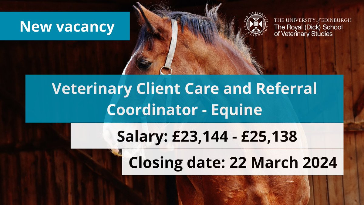 JOB: We are looking for a Veterinary Client Care and Referral Coordinator for our Equine Hospital &amp; Practice.
Varied &amp; interesting post requires a confident outgoing individual with excellent communication skills &amp; attention to detail.  

edin.ac/3Iutp15
Apply by 22 March