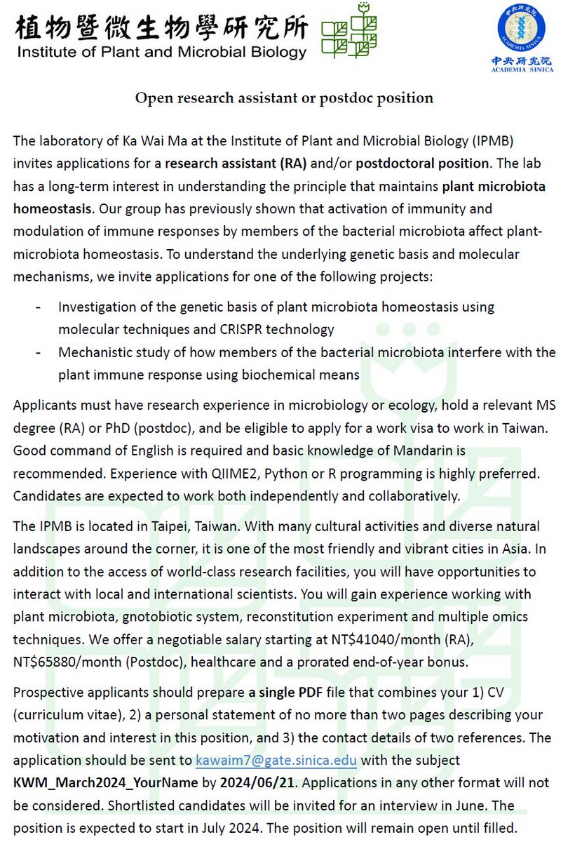 KaWaiMa@lab (@kawaima6) on Twitter photo Please RT‼️ We are hiring <a href="/IPMBSinica/">IPMB Academia Sinica (中研院植微所)</a>. Are you interested in plant-microbiota interaction? We are looking for a RA/postdoc working on the
🦠mechanism to interfere with immunity
🌱genetic basis of plant microbiota homeostasis
🗓️Deadline 2024/6/21 Please RT‼️ We are hiring <a href="/IPMBSinica/">IPMB Academia Sinica (中研院植微所)</a>. Are you interested in plant-microbiota interaction? We are looking for a RA/postdoc working on the
🦠mechanism to interfere with immunity
🌱genetic basis of plant microbiota homeostasis
🗓️Deadline 2024/6/21