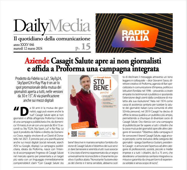 paopozzi's tweet photo. @CasagitSalute apre ai non giornalisti 
e affida all’agenzia @proforma una campagna integrata: on air uno spot da 30" e 15" su #SkyTG24, Sky Sport, #La7 e #RaiPlay prodotto da @Fidelio diretto da @DomenicoCroce, regista e David di Donatello nel 2021. Ne parlo su #Dailymedia. https://t.co/JP3HINRE3H