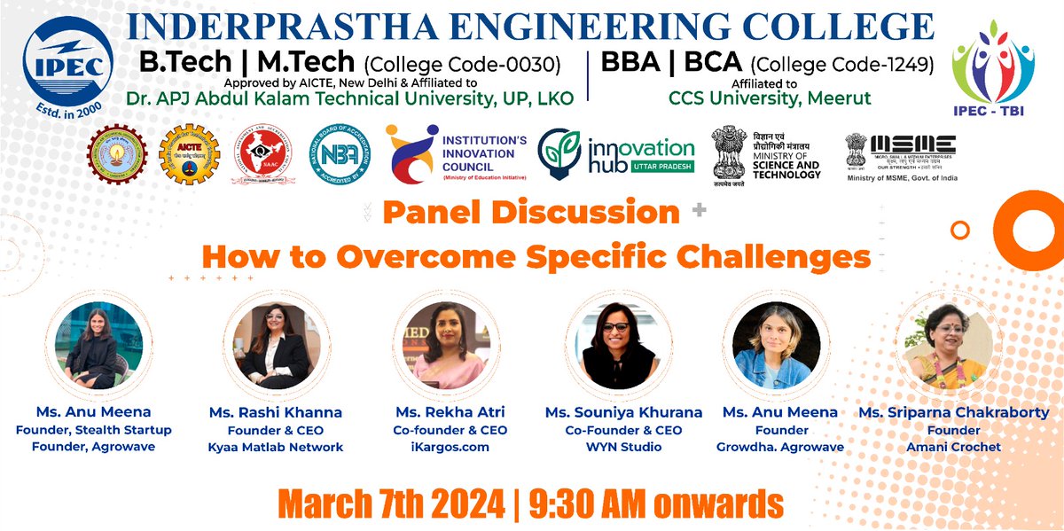 The fourth session Panel Discussion 3 centered on 'Women Entrepreneurs: How to Overcome Specific Challenges' during the 'Her Honour' event on March 7th, 2024
#IPECTBI #IPEC #Entrepreneurship #Startups #StartingUP #AICTE #AKTUHub #IPECIIEC #InstitutesInnovationCouncil