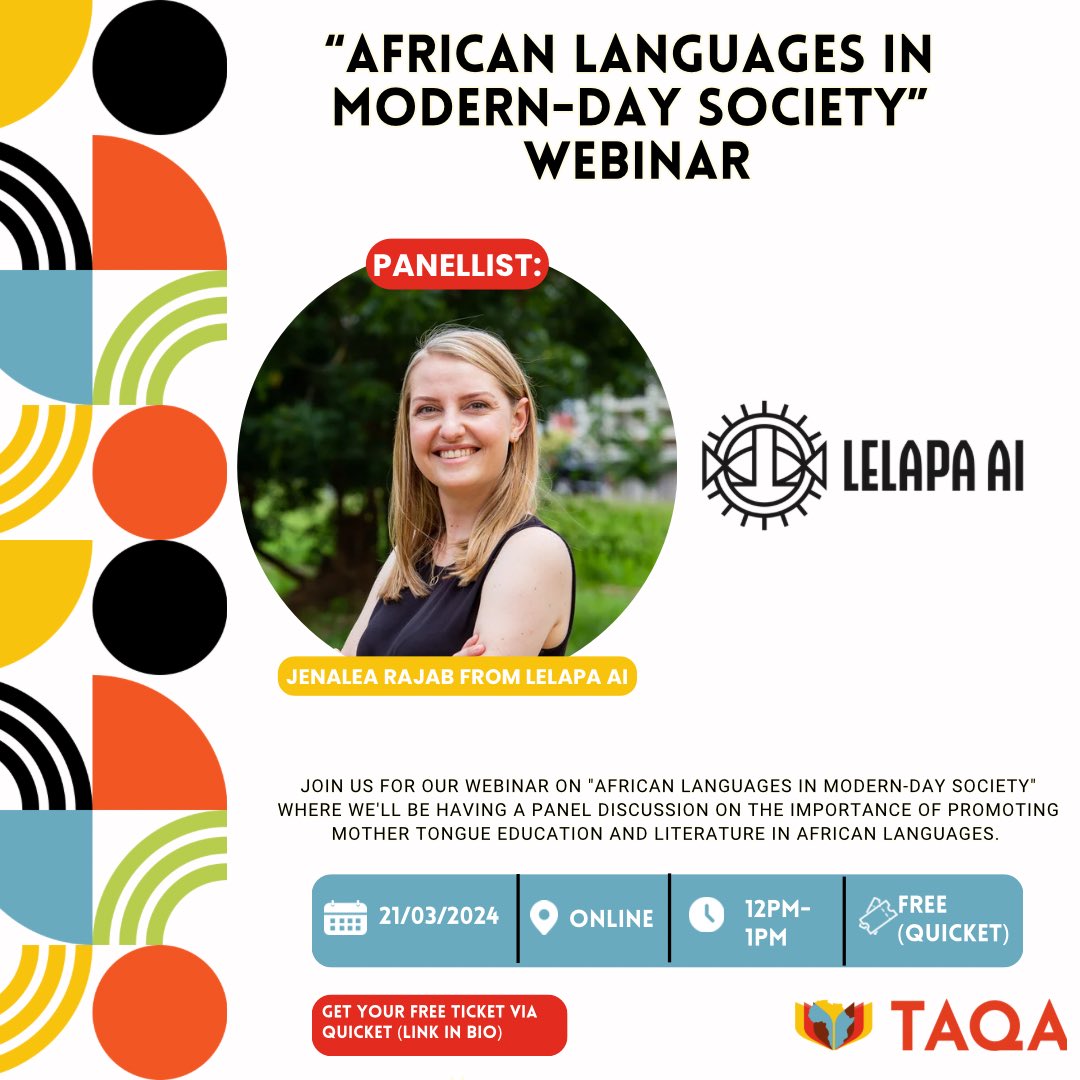 😊We’re excited to announce that Jenalea Rajab from Lelapa AI will be joining our esteemed panel of speakers for the upcoming webinar! @LelapaAI Don’t miss out on this insightful discussion. Sign up now via the link: qkt.io/OBw1W9