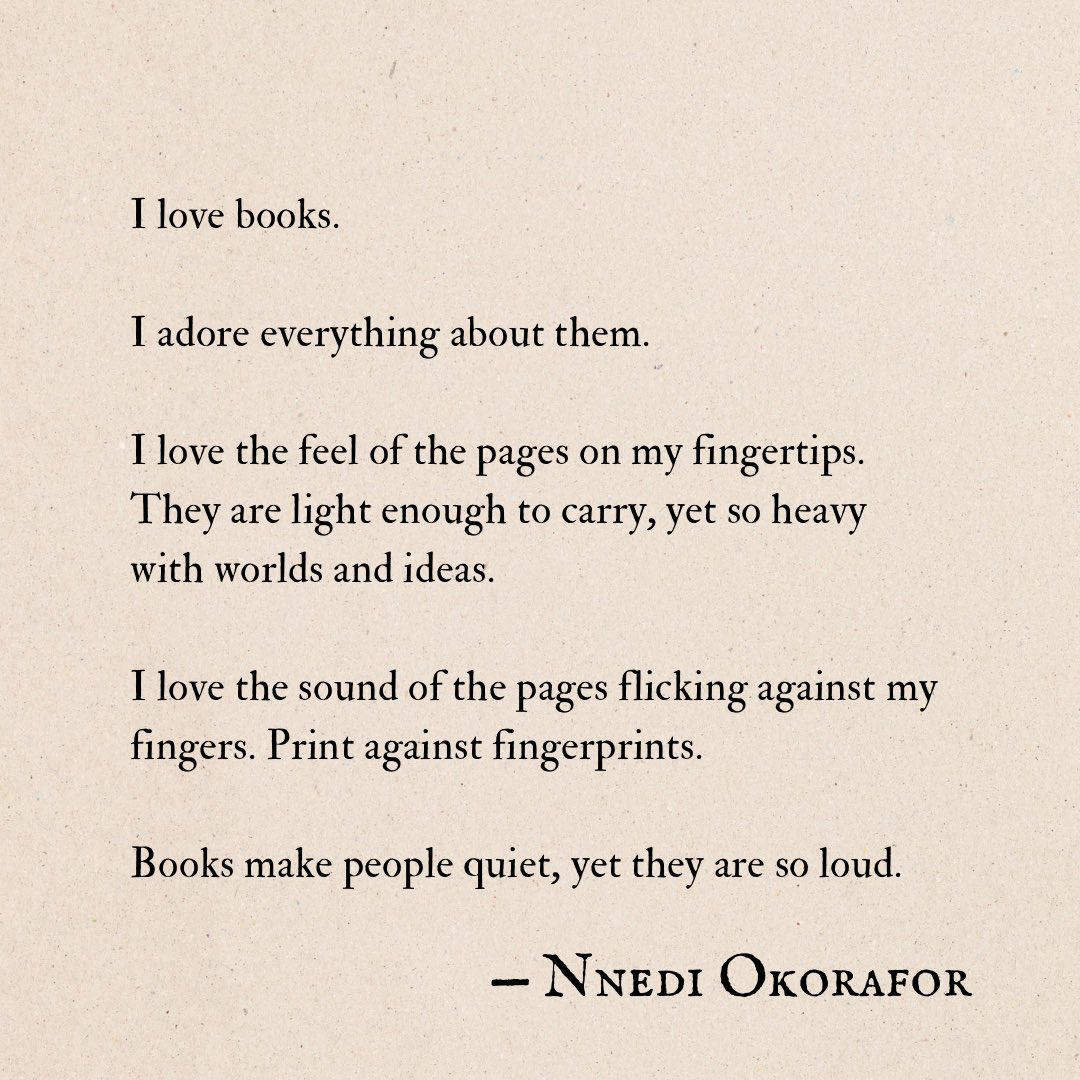 “I love books. 

I adore everything about them.

I love the feel of the pages on my fingertips. They are light enough to carry, yet so heavy with worlds and ideas.”

- @Nnedi 

Remember: Uganda’s National DEAR Day is this Friday! 📚🇺🇬✨

#dearday2024 
#createhopethroughreading