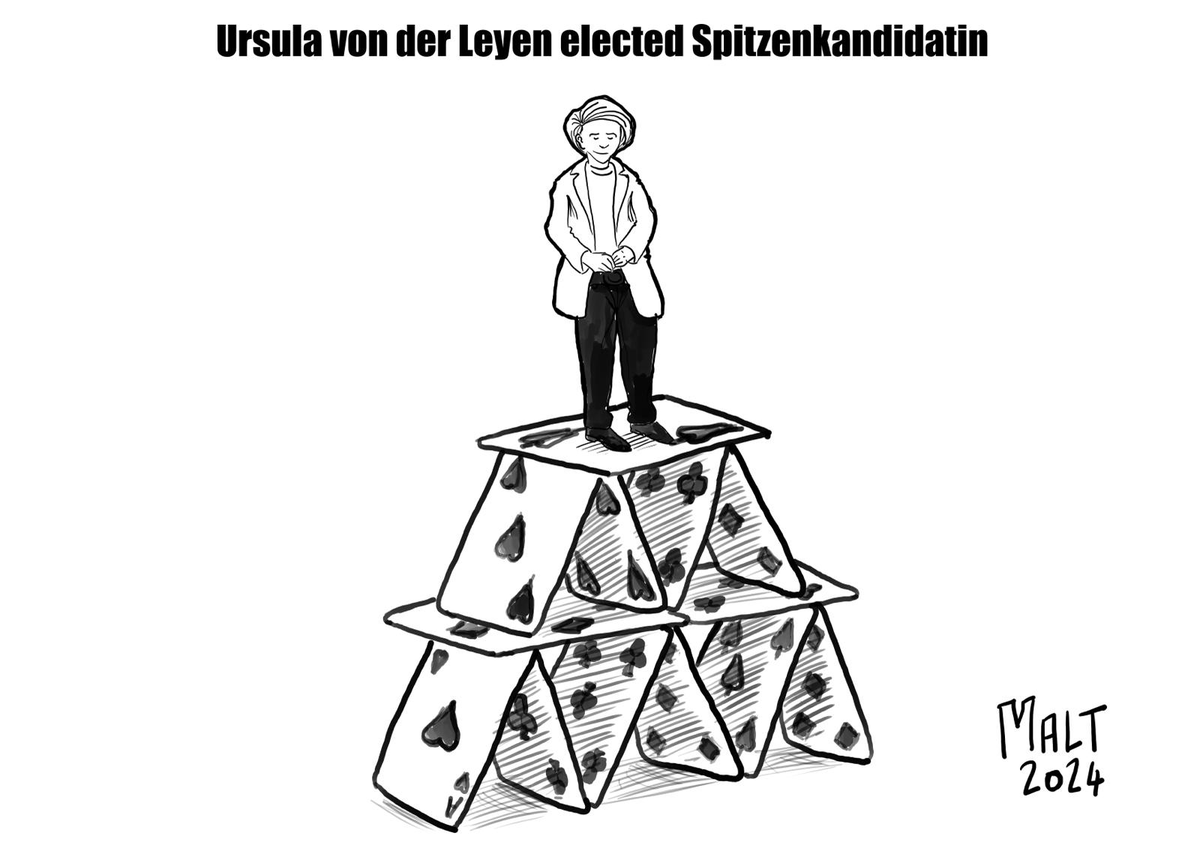 AgencEurope's tweet photo. #EP2024 / #EPP2024 : #vonderLeyen was elected #EPP #Spitzenkandidat 

General enthusiasm was not striking and the results of the vote were mixed, despite the fact that there were no opponents.

🖌️Our cartoonist's view https://t.co/ehriozl2Zs