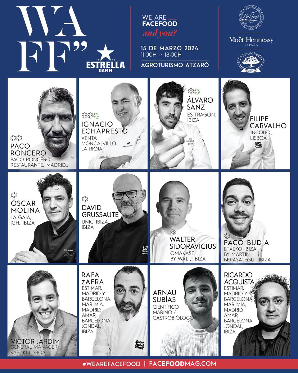👩‍🍳🎙 PONENTES WAFF IBIZA 2024 🎙
🗓 15 de marzo (De 11h a 18h)
📍Agroturismo Atzaró

🎟 Entrada con previa acreditación sólo profesionales del sector Horeca.

Patrocinador Oficial: 🍺 <a href="/EstrellaDammEs/">Estrella Damm Es</a> 
Co-Patrocinadores: <a href="/_Balfego/">Atún Rojo Balfegó</a> , <a href="/MoetHennessy/">Moët Hennessy</a> , #ElEncinardeHumienta