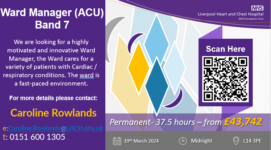 LHCHCareers's tweet image. We are looking for a highly motivated and innovative #WardManager to work and lead our team on our #AcuteCardiac Ward in the Medicine division at the outstanding Liverpool Heart and Chest Hospital. Apply now using the QR code or link below! 😁tinyurl.com/2nnrxpm2