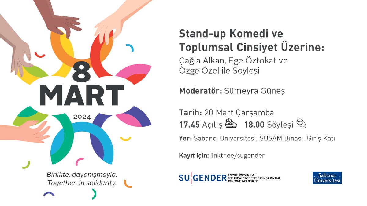 8 Mart etkinliklerinin üçüncüsü stand-up komedyenlerle söyleşiyle devam ediyor. Mizahı toplumsal cinsiyet eşitliği perspektifinden dinleyeceğimiz bu keyifli etkinliğe hepinizi bekliyoruz! Kayıt için: bit.ly/8Mart2024_Stan…