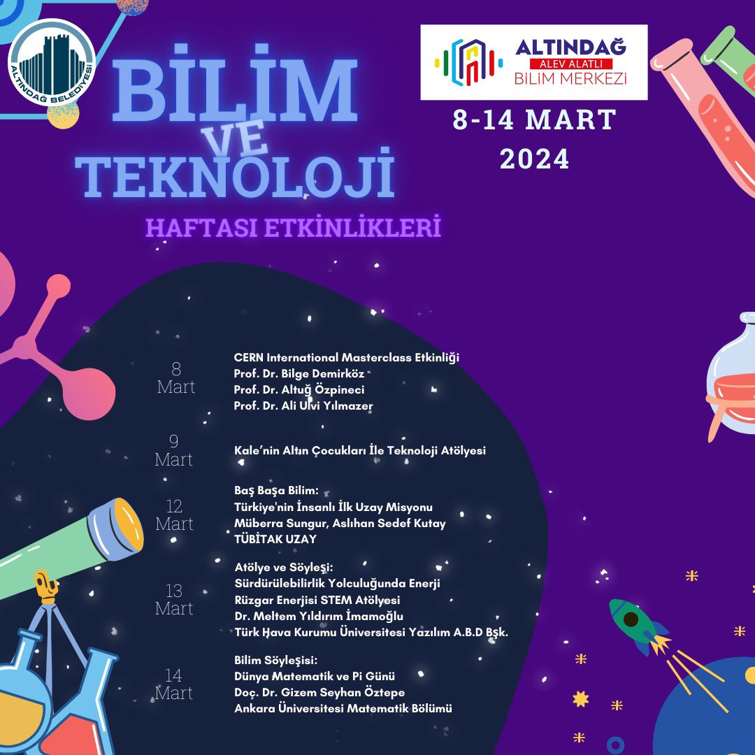 Bilim ve Teknoloji haftası etkinliklerimize sizleri Altındağ Alev Alatlı Bilim Merkezimize bekliyoruz 🤗 

🗓️ 18-24 Mart
📍Başkent Millet Bahçesi 
☎️ 0312 507 0129