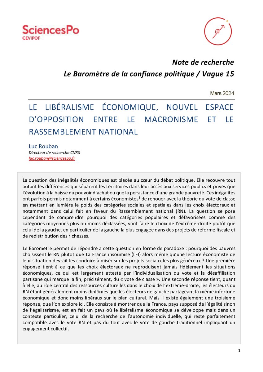 CEVIPOF's tweet photo. 1/2 #BaromètreConfiance

Nouvelle note de recherche sur la vague 15

« Le libéralisme économique, nouvel espace d’opposition entre le macronisme et le Rassemblement national » par @Luc_Rouban  @CEVIPOF @sciencespo @ScPoResearch

Lien vers la note ⤵️
https://t.co/GAZngqj3F4 https://t.co/wcdskAuLUb