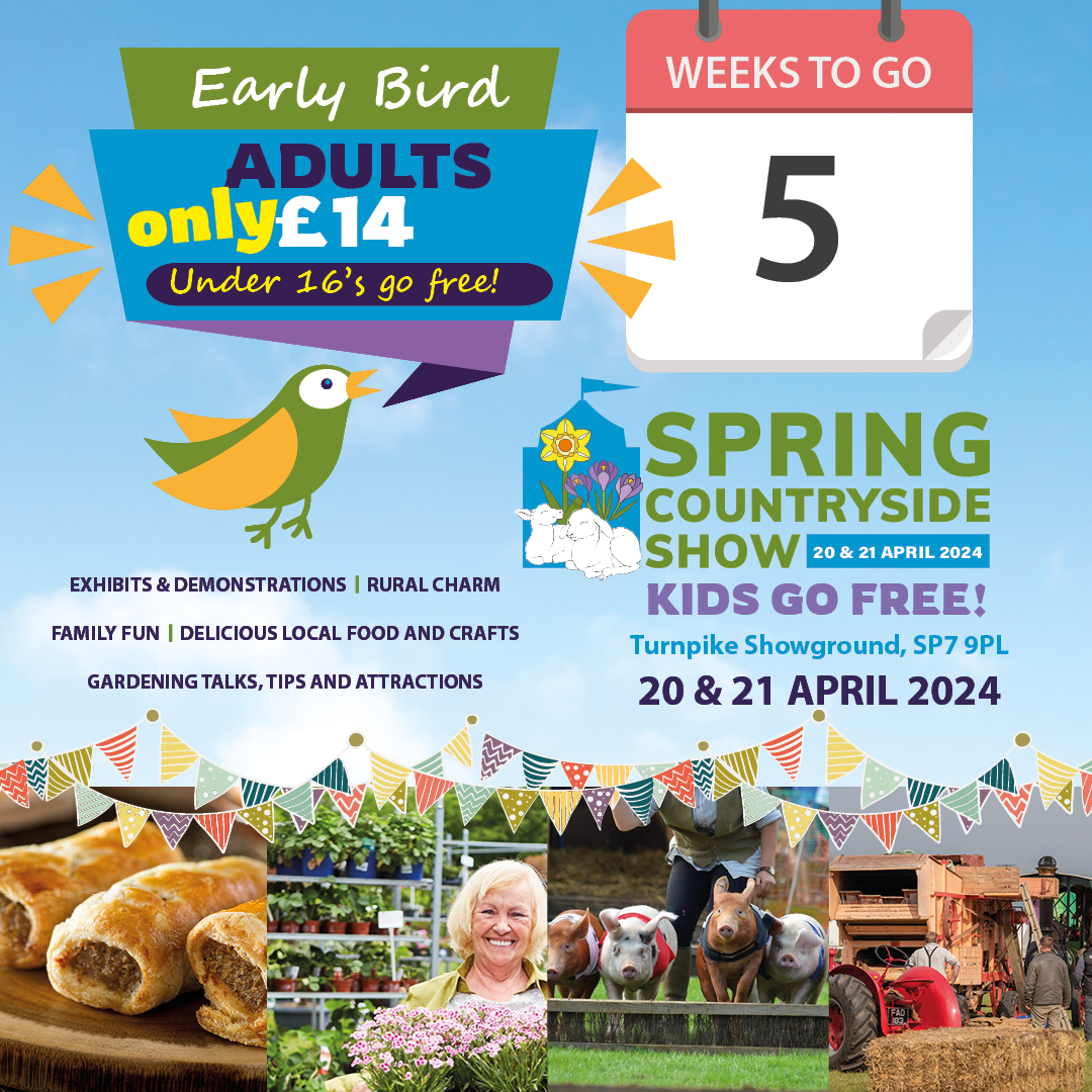 ⏰ Spring Countryside Show in 5 Weeks! 🎉 April 20-21, SP7 9PL. Flowers, crafts, local food, animals & more! 🌼🐑 Grab Early Bird tickets & join fun competitions. tinyurl.com/mrv4f56u
