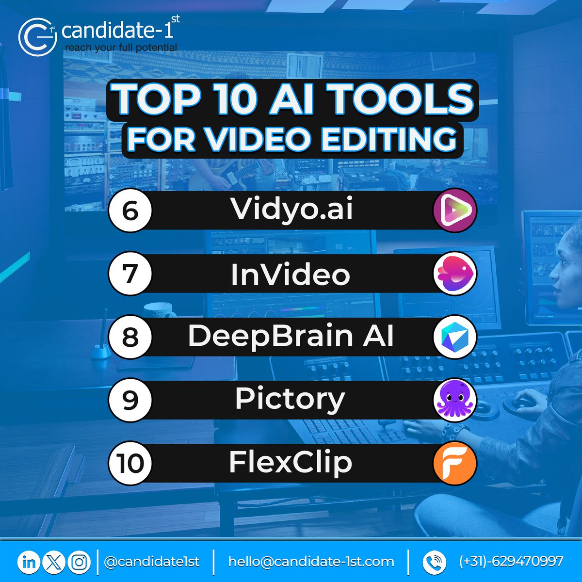 candidate1st's tweet image. Elevate your video editing game with the top AI tools of the year! 🚀 From cutting-edge effects to streamlined workflows, these platforms have it all. 🎬💻

Which one will you try first? 🤔

#videoediting #aisoftwares #videoeditingtools #top10tools