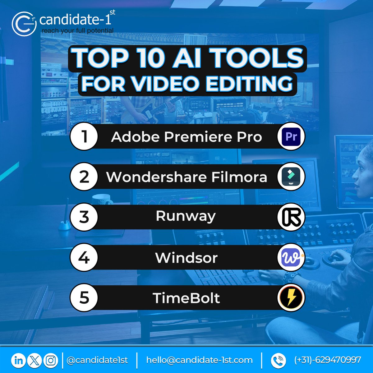 candidate1st's tweet image. Elevate your video editing game with the top AI tools of the year! 🚀 From cutting-edge effects to streamlined workflows, these platforms have it all. 🎬💻

Which one will you try first? 🤔

#videoediting #aisoftwares #videoeditingtools #top10tools