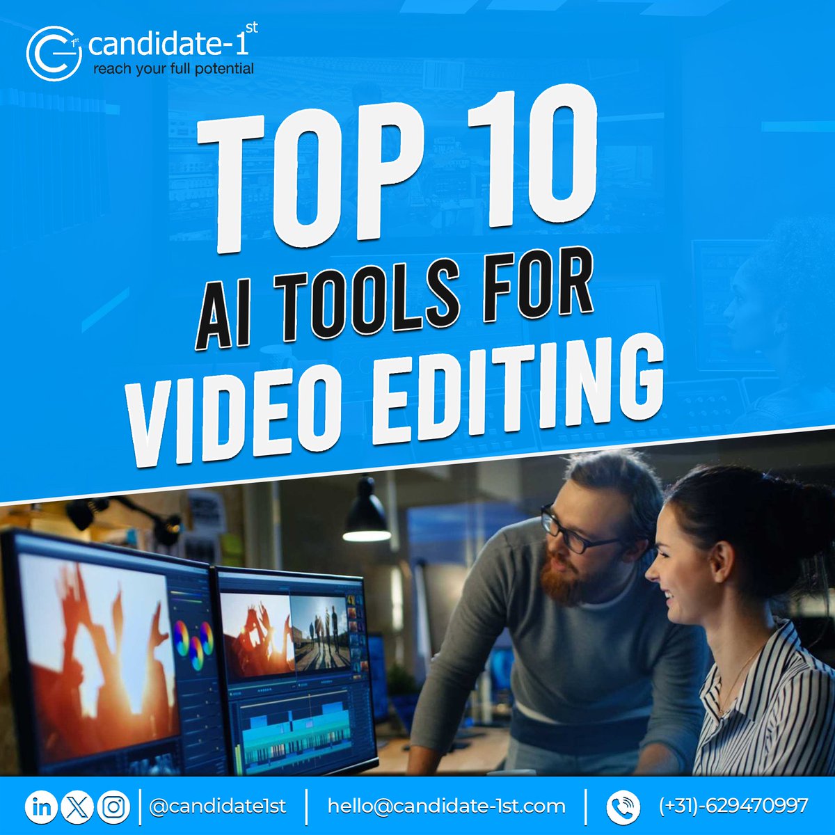 candidate1st's tweet image. Elevate your video editing game with the top AI tools of the year! 🚀 From cutting-edge effects to streamlined workflows, these platforms have it all. 🎬💻

Which one will you try first? 🤔

#videoediting #aisoftwares #videoeditingtools #top10tools