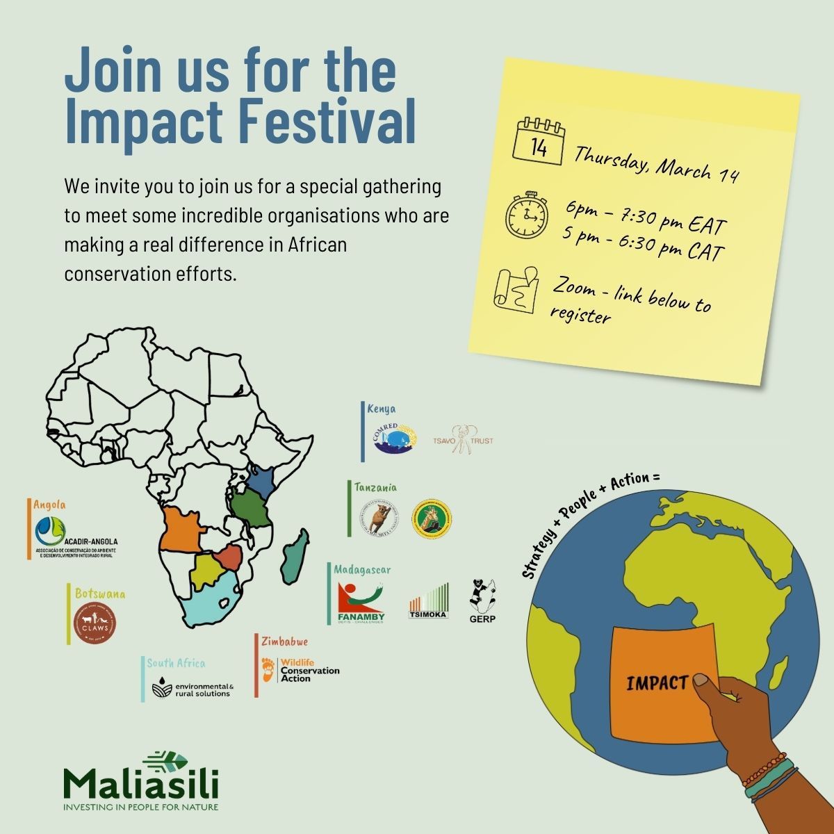 Maliasili is hosting an Impact Festival online, and you're invited to join in on the conversation! Register: lnkd.in/ev2MujAM Thursday 14 March, 2024 5pm - 6:30pm CAT 6pm – 7:30pm EAT