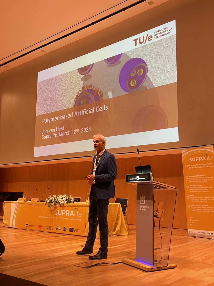 SupraLife_EU's tweet photo. Exciting start to Day 3 at SupraLife Second School! Jan Van Hest, head of @vanhest_lab and Professor at the @TUeindhoven, kicks off the day with a fascinating talk on “Polymer-based Artificial Cells”. #SupraLife #SecondSchool #ConferenceDay3 https://t.co/FJpn06ILVx