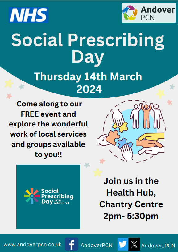 2 days to go until the Social Prescribing Day in Andover. Come along to this free event and find many useful services for you. @AndoverPCN @KerryhearseyMBE
