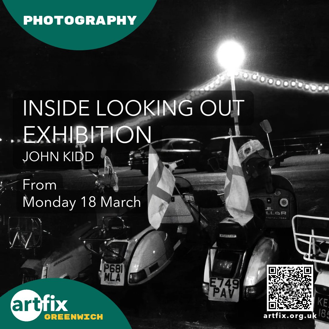 Inside Looking Out 
Photography Exhibition by John Kidd
From Mon 18 March
artfix Greenwich
A collection of photos from the mod / 60's scene in the 80's &amp; 90's
This exhibition is a must-see for Mod and 60’s culture enthusiasts
#Exhibition #Mods #1960s #Scooters #Culture #SE10