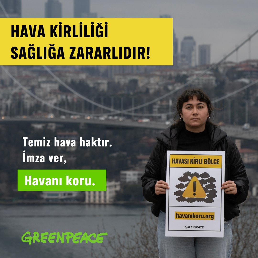 Hava kirliliği dünya genelinde her dakika 13 insanın ölümüne yol açıyor. Türkiye’de ise ölüme yol açan risklerde tütün, aşırı kilo, hipertansiyon ve hipergliseminin ardından hava kirliliği 5’inci sırada yer alıyor. Temiz hava haktır! İmza vermek için: havanikoru.org