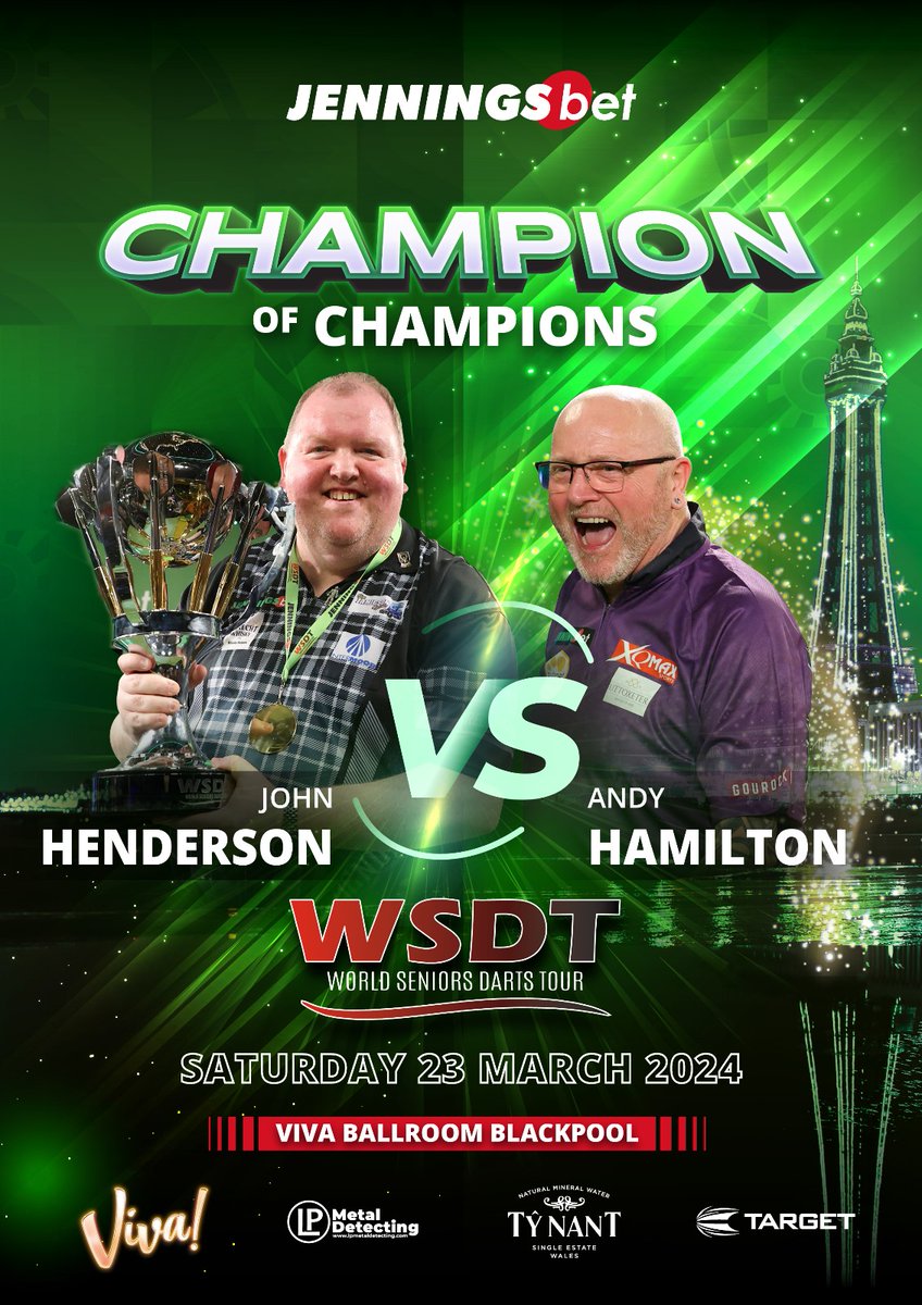 Repeat or Revenge? 👀 @TheHammer180's WSDT TV Debut was ended by @hendo180 earlier this year at the @jenningsbetinfo World Seniors Darts Championship. Who will come out on top @VIVABlackpool for the Champion of Champions? 🎯 Be there 🎟️ vivablackpool.com/event/jennings…