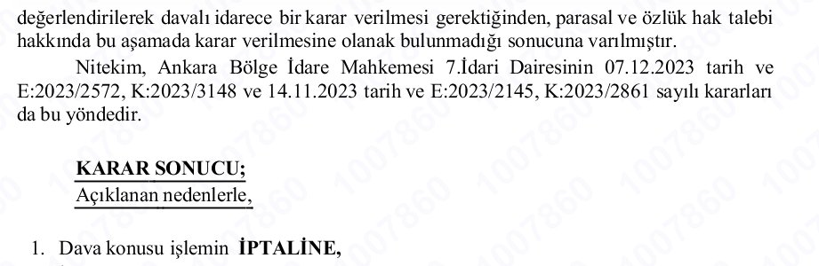Kapatılan kurumlarda çalışan ve 2016'dan sonra işten çıkarılan ancak özlük hakları kendisine ödenmeyen müvekkil adına açtığımız davada söz konusu işlemin İPTALİNE karar verilmiştir. Verilen karara istinaden müvekkilin özlük hakları alınmış, ödemesi hesaba yatmıştır.