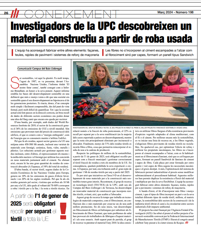 UPCLlobregat's tweet photo. 🗞️ Nou article de la UPC publicat a @ElLlobregat
👚 “Investigadors de la UPC descobreixen un material constructiu a partir de roba usada”
Consulta’l a #UPCommons @bibliotecacbl https://t.co/uHLNMLCd3d
#ElLlobregat #DiariElLlobregat #PremsaUPC #Tectex #robausada #recercaupc https://t.co/IwWoCA42Vw