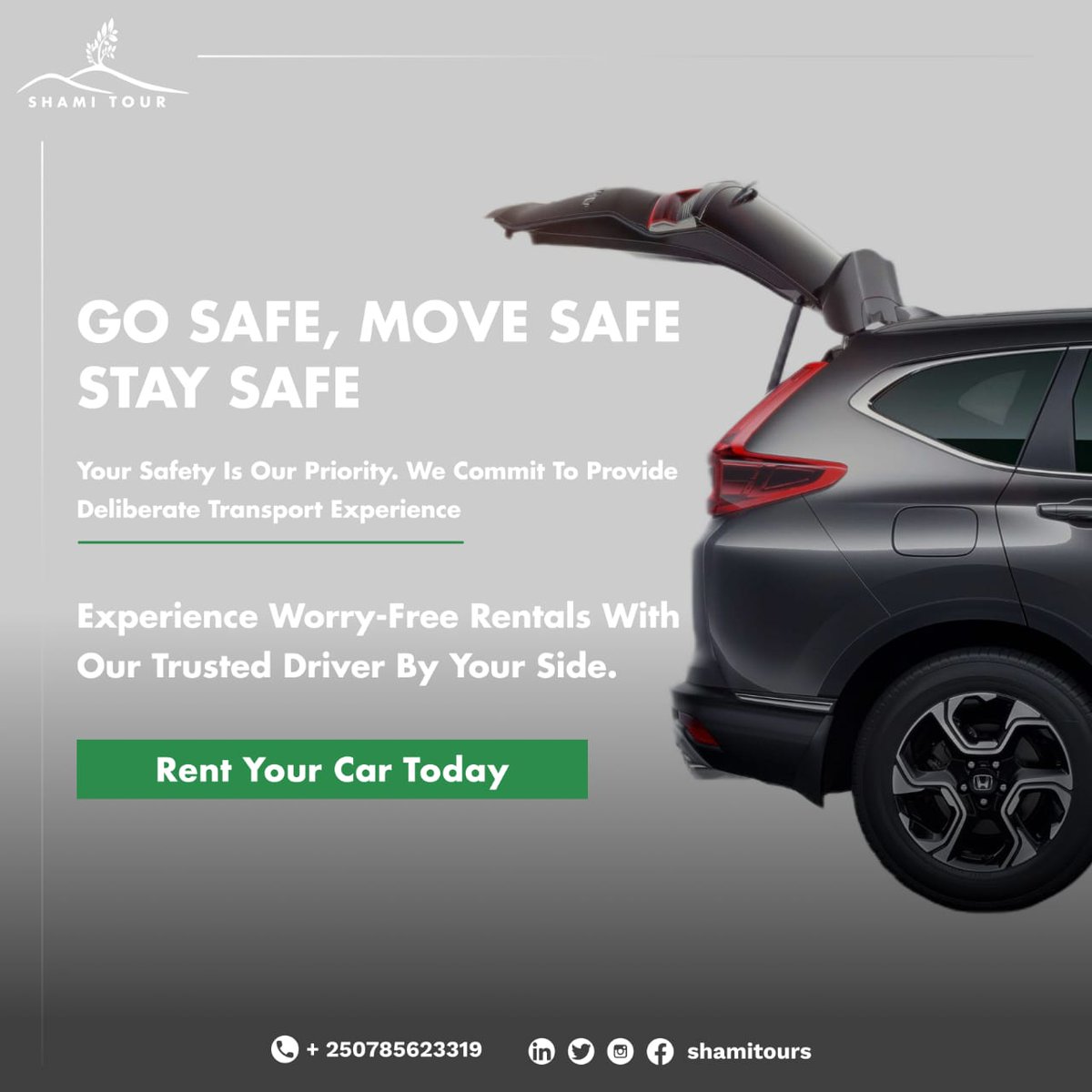 shami_tours's tweet photo. 🤔 Curious about staying safe on the go? 🚗 Rent our cars with drivers for added safety and convenience. 

Leave safe, travel safe, and arrive safely with our trusted drivers by your side. Book with us today!🚘

Contact us now: 
✉️: toursshami@gmail.com
🤳: +250785623319 https://t.co/5jC8J1YJ7T