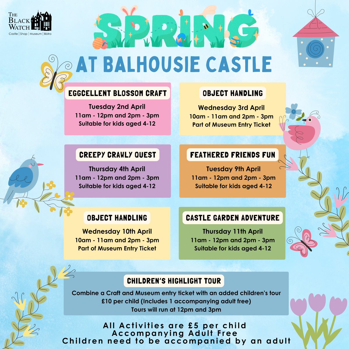 Embark on a nature-filled adventure this Spring! 

Join us for 4 unique crafts, Creepy Crawly Quest, Castle Garden Adventure, Feathered Friends Fun & Eggcellent Blossom crafts.

Book your ticket: bit.ly/3v8OcnK

#BalhousieCastle #crafts #spring #familyfun #bwmuseum