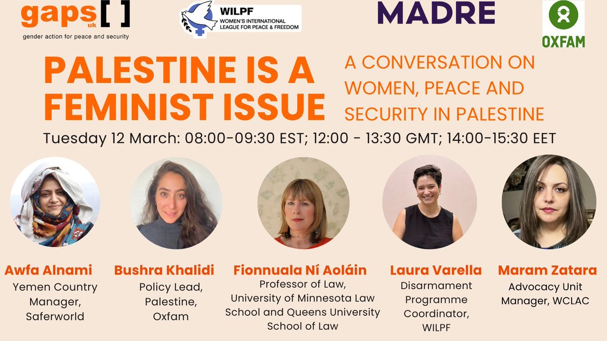 GAPS_Network's tweet image. Together with @oxfamgb, @WILPF &amp;amp; @MADREspeaks we are hosting a public conversation on why &quot;#Palestine is a #feminist issue: a conversation on women, peace and security&quot; 

Follow this 🧵 for updates