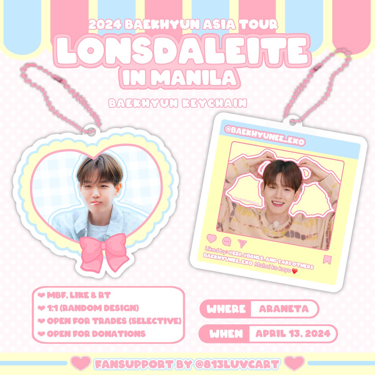 ˚ ༘ ೀ⋆#BAEKHYUN keychains 🎀⭐️🧸
          — fan support by <a href="/813luvcart/">babi ◡̈</a> .ᐟ

. . ☁️ like, rt, &amp; mbf
. . ☁️ open for trades n donations .ᐟ
. . ☁️ see thread 4 details

see you on d-day! 💌

#2024BAEKHYUNAsiaTour
#LONSDALEITEinMANILA